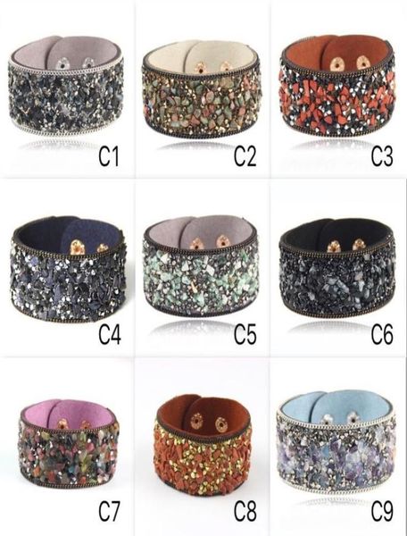 

irregular natural stone bangle hand made pu leather bracelets crystal gravel stones bracelet korean velvet width 3cm1346531, Black