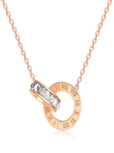 

high polishing women fashion stainless steel cubic roman numberals double circle pendant necklace 18k rose gold 316l lady necklace2247463, Silver