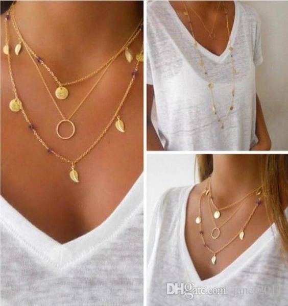 

jewelry women multi layer necklaces leaf choker necklaces bead leaf circle charm gold tone necklaces fashion jewelry gift7417510, Golden;silver