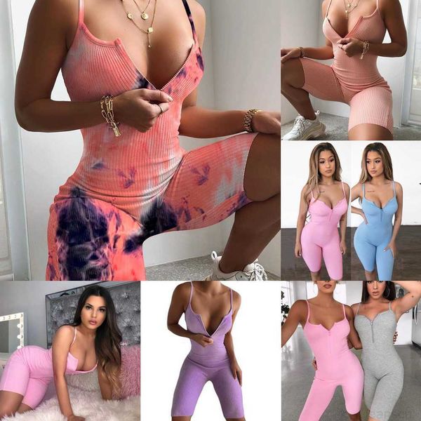 

2022 summer romper women designers clothes 2023 jumpsuit sleeveless slim tie dye slim sports shorts v-neck blue club wear, Black;white
