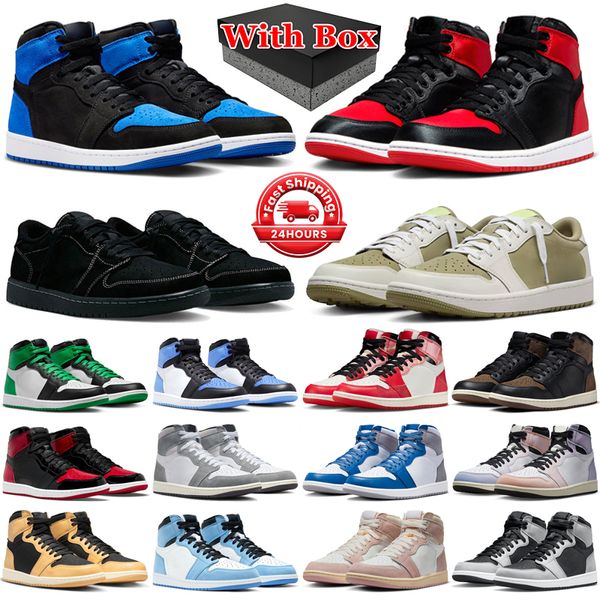 

With box 1 Satin Bred basketball shoes men women 1s low Olive Black Phantom Royal Reimagined Palomino UNC Toe Lucky Green mens trainers outdoor sports sneakers, 18