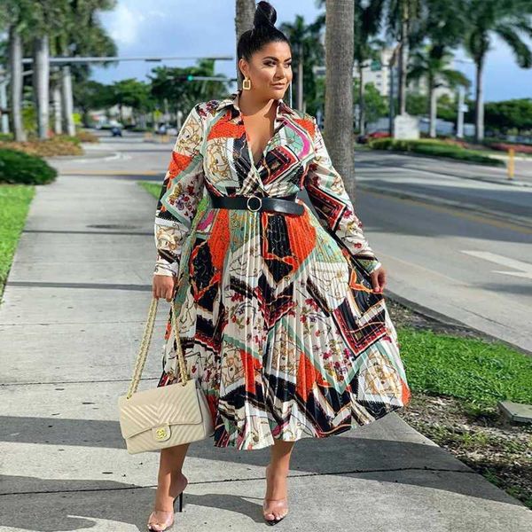 

designer fashion women's plus-size dresses long skirt print pleated color deep v dress with belt large women's dress, Black