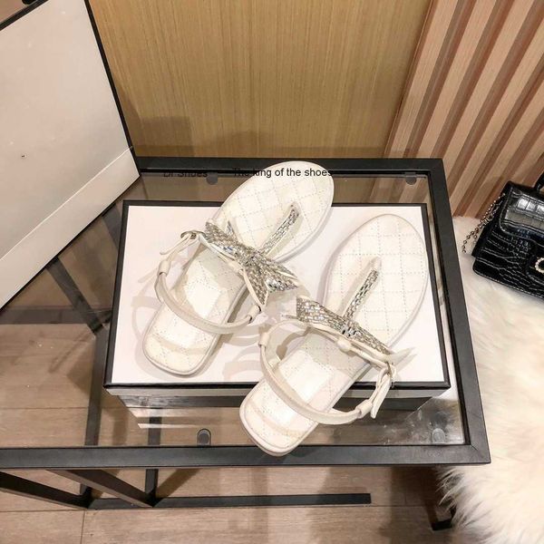 

slippers small fragrant flat bottom rhinestone sandals new high version women's with bow casual beach shoes t2302112, Black