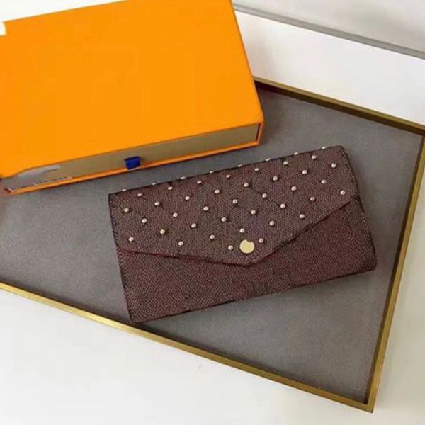 

rivet brown checker wallets for women's small leather goods long wallet with rivets sold with box, Red;black