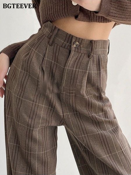 

women's shorts bgteever vintage loose pocket plaid trousers spring summer high waist one button casual ladies wide leg pants 230404, White;black