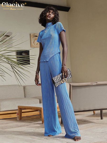 

women's two piece pants clacive bodycon turtleneck tshirts set women summer blue pleated high waist casual slim wide trouser suits 2304, White