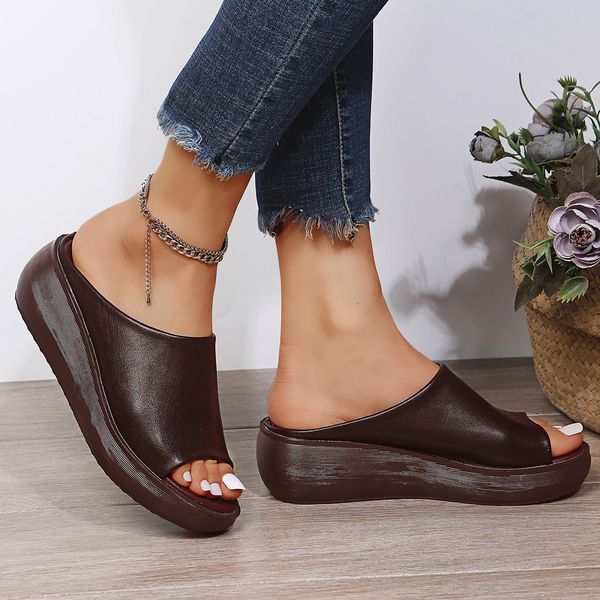 

slippers slippers women summer ethnic style wedge with fish mouth one word drag cake thick bottom women's shoes large size 230404, Black