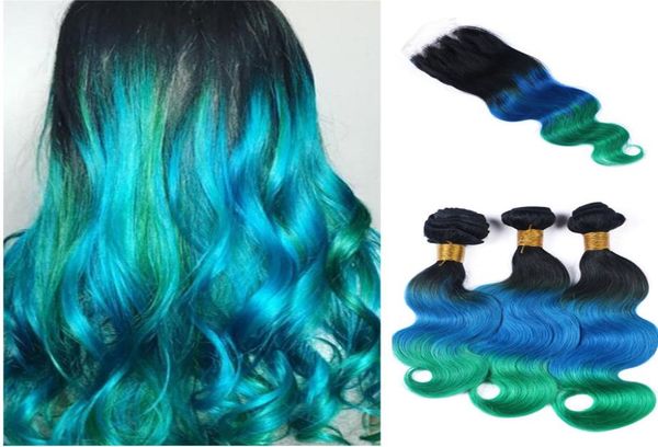 

ombre color unprocessed european hair color products 1b blue green three tone russian virgin human hair bundles with lace closure 2817182, Black;brown
