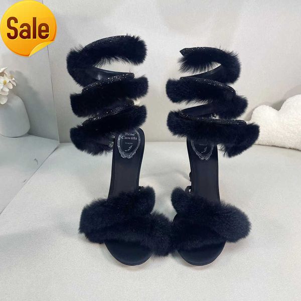 

rene caovilla margo leather and fur heels sandals rhinestone embellished snake stiletto heel sandals luxury designers ankle wraparound shoe, Black