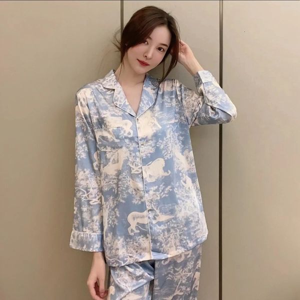 

women's sleepwear silk pajamas women's summer ice silk leopard print high-end luxury casual home wear women's long sleep trou, Black;red