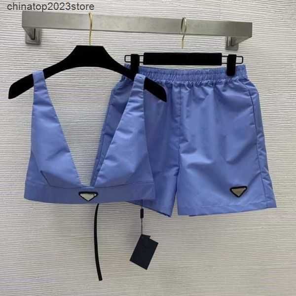 

women's tracksuits shorts high version womens vest two-piece set pd designer pants summer nylon metal triangle embroidered women suit 2, Gray