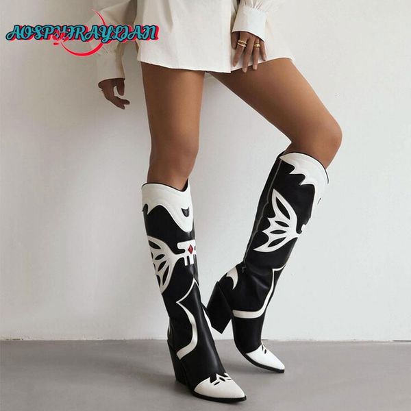

boots retro patchwork knee-high western cowboy for women pattern cowgirls dress street point toe women's vintage shoes 230406, Black