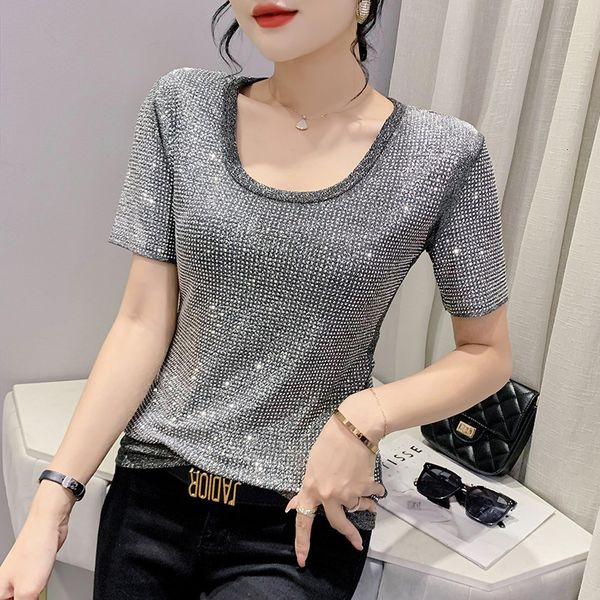 

women's t-shirt summer heavy duty industrial diamond ultra thin t-shirt women's fashion temperature round neck short sleeve bright, White