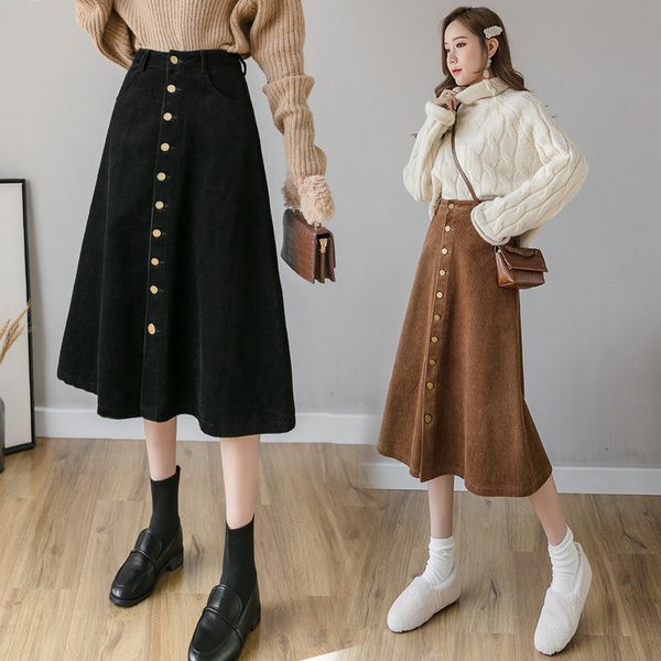 

skirts women's vintage khaki coral reef skiing autumn winter fashion high waist single breast a-line long women's leisure midi ski, Black