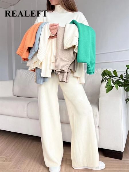 

women's two piece pants realeft autumn winter 2 pieces women sets knitted tracksuit turtleneck sweater and straight jogging suits green, White