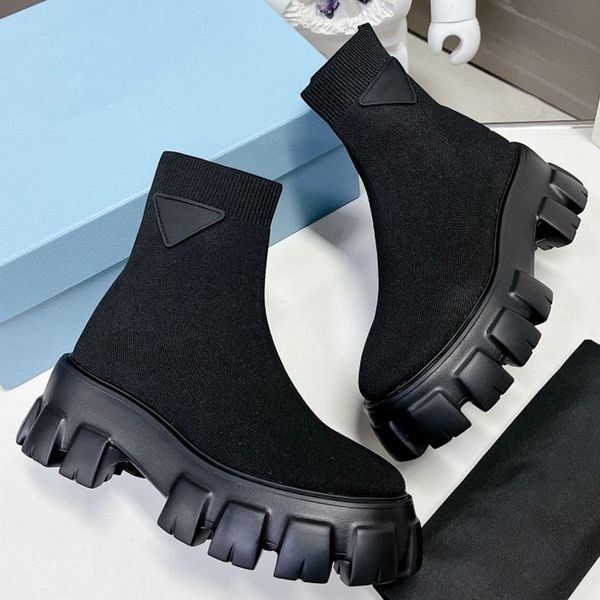 

womens spring autumn stretchy sock style ankle boots knee high boots low block heel chunky flat platform round toe pull on, Black
