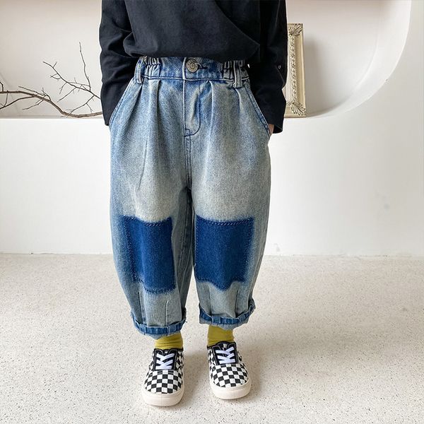 

jeans korean style fashion spliced jeans boys fashion loose washed jeans 1-7y 230406, Blue