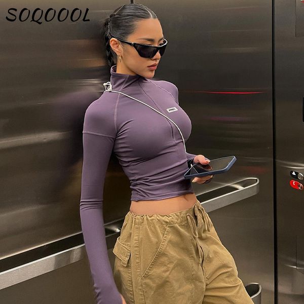 

women's tshirt y2k zip t shirt women long sleeve crop pullover stand collar slim skinny trashy grunge y2k base tees female tshirts 230, White