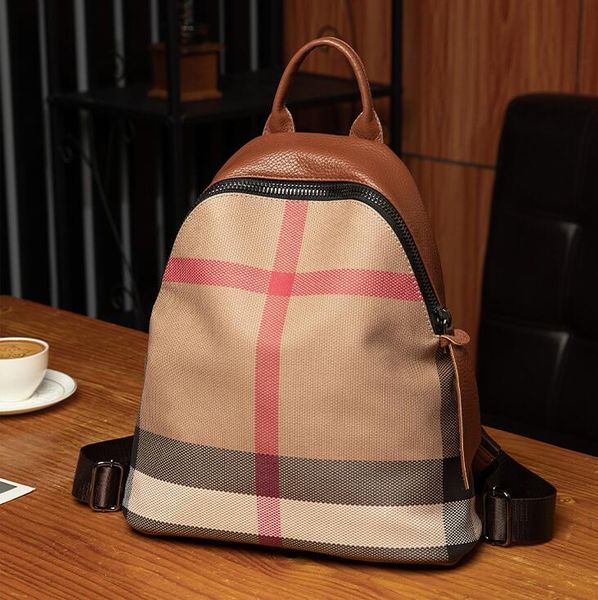 

sales shoulder bag elegant plaid fashion handbag street popular color matching Oxford leisure backpack light and comfortable leather student backpacks 686#, Brown