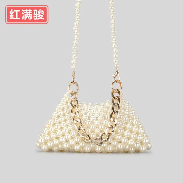 

diy handmade beaded underarm bag french hollow-out woven handbag minority design metal chain pearl bag 230406