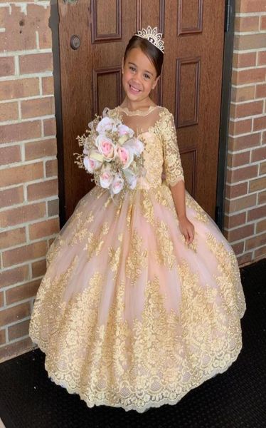 

gold appliques lace flower girl dresses princess sheer jewel neck backless half sleeve girl pageant gowns toddler kids first commu5246022, White;blue
