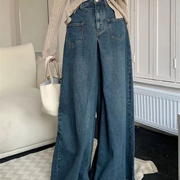 

women's jeans s-4xl women's vintage loose waist elegant street clothing fashion wide legs korean fashion full match autumn vintage, Blue