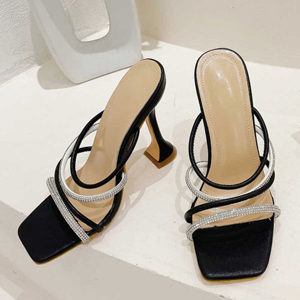 

nxy slippers crystal n band women's strange high heels slippers fashion square toe summer sandals ladies dress shoes size 41 230406, Black