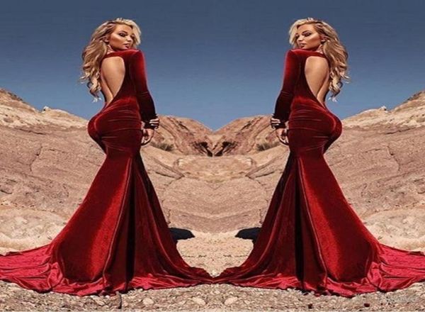 

fitted mermaid dark red velvet prom dresses 2019 vestidos de fiesta long sleeves ruched backless celebrity evening dress8652993, Black