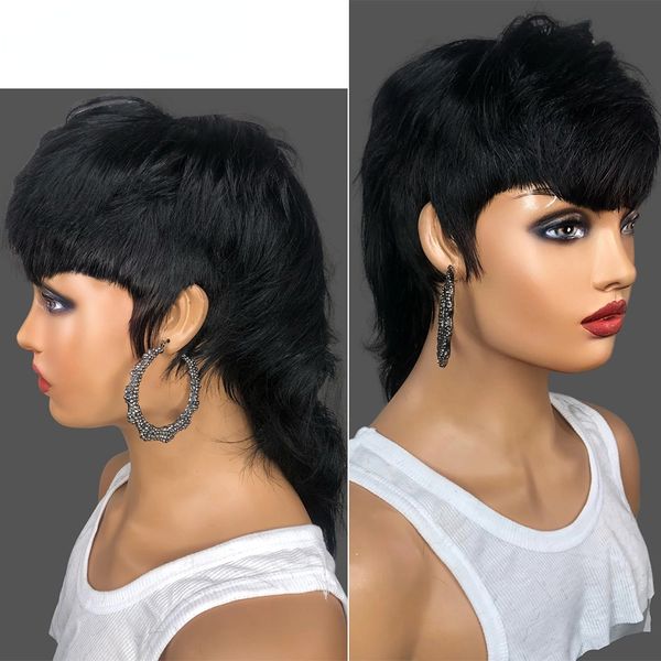 

180density full black short pixie cut wigs for women human hair brazilian bone straight none full lace front wigs with bangs