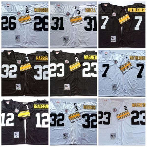 

ncaa 75th vintage 26 rod woodson jerseys stitched 7 ben roethlisberger 12 terry bradshaw 23 mike wagner 32 franco harris 31 donnie shell foo, Black;red