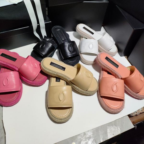 

2023 women slippers embossed interlocking c sandal thick bottom mules platform slip on slides banquet shoes straw summer flat heels espadril, Black