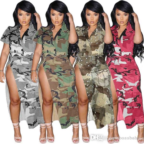 

spring and summer women two pieces dress designer new casual camouflage printing lapel short sleeve split skirt suit, White