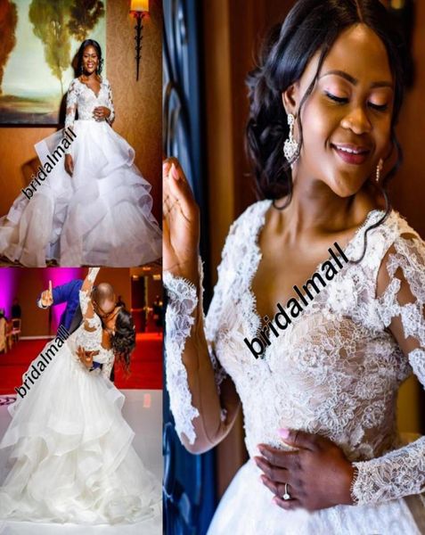 

lace appliqued arabic plus size wedding dresses deep v neck long sleeves bridal dresses tiered ruffles african wedding gowns robe 2215889, White