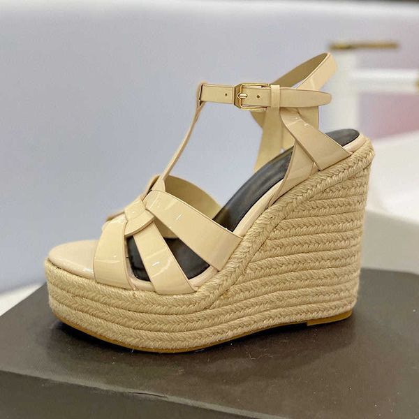 

fashion designer wedge espadrille cassandra leather heels women black sandals .5cm heel adjustable buckle wedding dress shoes with box no3