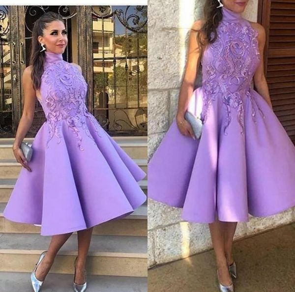 

light purple high neck cocktail dresses a line sleeveless lace satin tealength short party prom gowns homecoming dress custom mda3359734, Black
