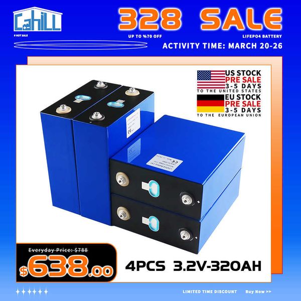 

lifepo4 battery 320ah 4pcs 3.2v grade a 12v 310ah lithium iron phosphate battery pack diy rv cell solar energy storage system