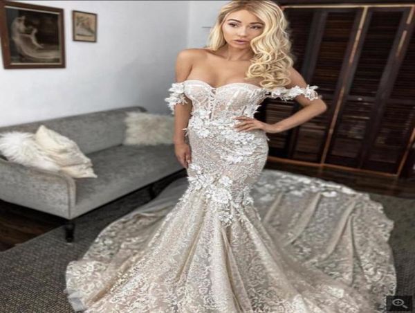 

2021 berta off shoulder mermaid wedding dresses lace 3d applique sweep train backless custom made bridal gowns robe de mariee1770520, White