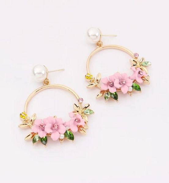 

flowers pearl earrings diamonds hoop huggie earrings jewelry women 18k gold plated accessories four colors yellow red purple pink7257241, Golden;silver