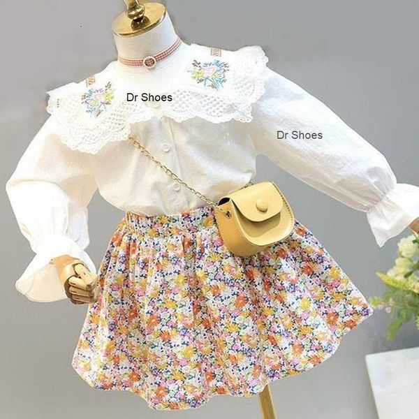 

clothing sets autumn girls ladies french style lace lapel shirt and floral skirt 2pcs children outfits baby kids clothes suit 230310, White
