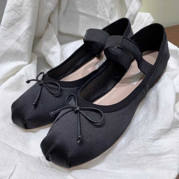

miu ballet shoes designer brand bowknot flat mary jane single sneakers retro elastic band dance shoe silky comfortable 6 colors, Black