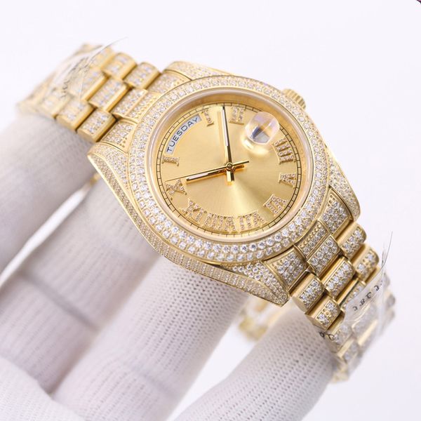 

diamond watch mens automatic mechanical watches sapphire 41mm with diamond-studded steel bracelet double calendar business wristwatches mont, Slivery;brown