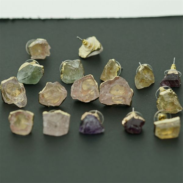 

natural crystal charms earrings irregular healing amethyst stone earrings natural original stone earrings, Golden