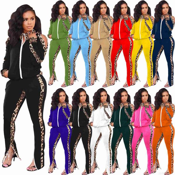 

designers women clothes 2023 autumn and winter off shoulder sports two-piece leopard print splicing contrast fashion suit, White