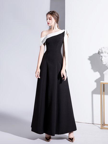 

white black celebrity dress one shoulder bow sleeveless a-line floor red carpet elegant evening prom gowns for graduation party new, Black;red