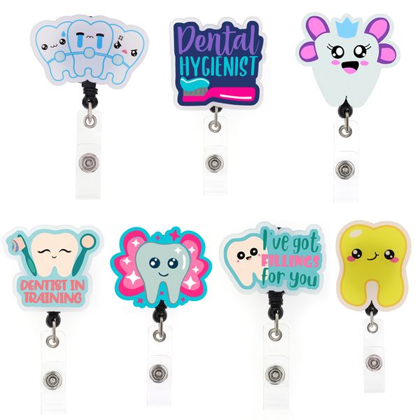 

10 pcs/lot fashion key rings tooth dentist acrylic retractable medical hospital badge holder nurses doctors id name card for healthcare work, Slivery;golden