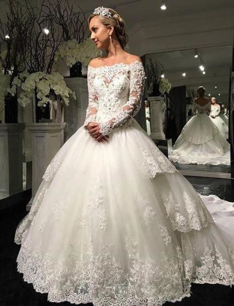 

gorgeous princess wedding dresses ball gown long sleeve off shoulder beaded appliques lace chapel train country bridal gowns custo9183100, White