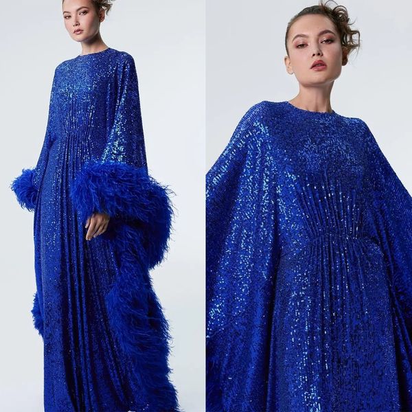

glamorous mermaid prom dresses jewel sequined pleats loose large sleeves feathers floor length custom made party dress plus size vestido de, Black