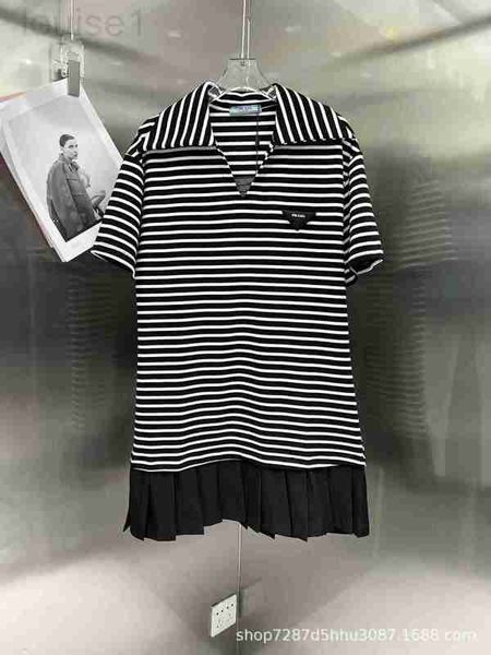 

casual dresses designer 23 spring/summer new triangle label black and white stripe dress with contrasting pleats at the hem for a casual loo, Black;gray