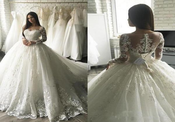 

2019 luxury country wedding dresses ball gown sheer neck long sleeve sweep train bridal gown with lace applique plus size wedding 3162294, White