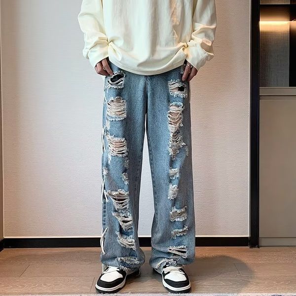 

mens jeans high street vintage washed old ripped brand loose straight strap design ruffian handsome trousers 230404, Blue